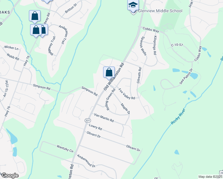 map of restaurants, bars, coffee shops, grocery stores, and more near 2319 Rolling Green Road in Anderson