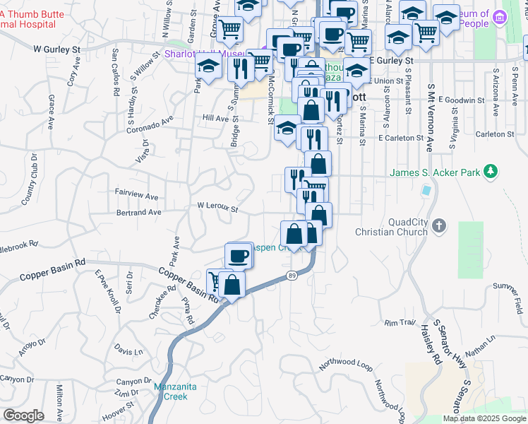 map of restaurants, bars, coffee shops, grocery stores, and more near West Leroux Street in Prescott