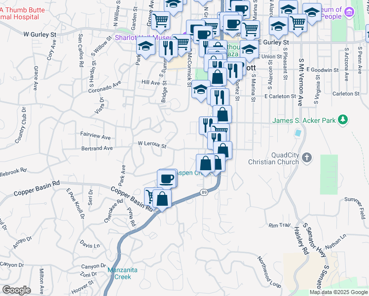 map of restaurants, bars, coffee shops, grocery stores, and more near West Leroux Street in Prescott