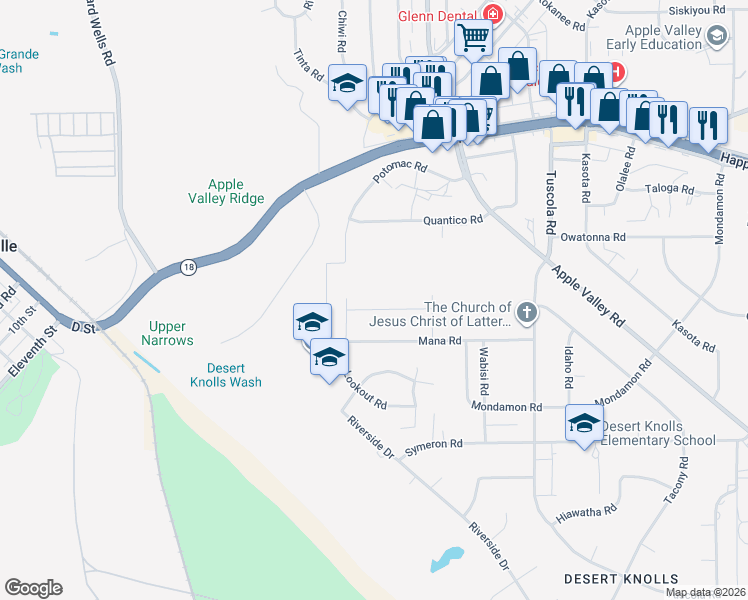 map of restaurants, bars, coffee shops, grocery stores, and more near 17794 Cabazon Road in Apple Valley