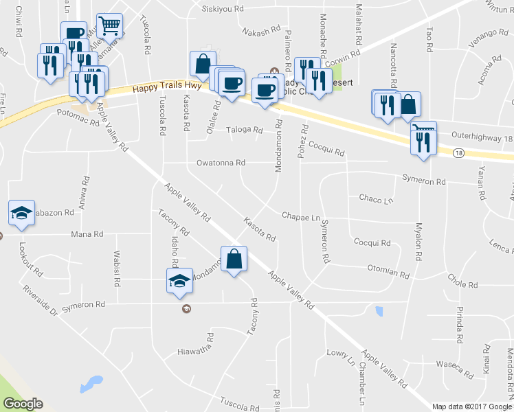 map of restaurants, bars, coffee shops, grocery stores, and more near 18410 Chapae Lane in Apple Valley