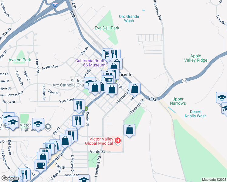map of restaurants, bars, coffee shops, grocery stores, and more near 16924 B Street in Victorville