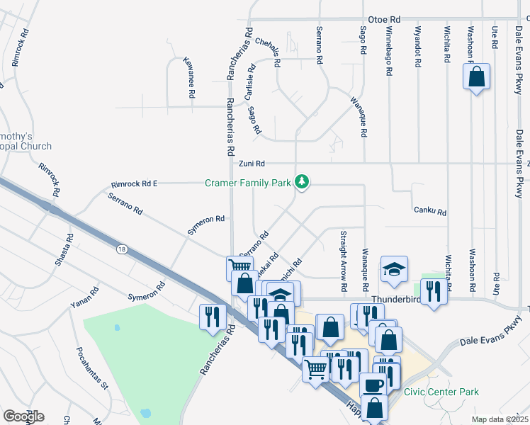 map of restaurants, bars, coffee shops, grocery stores, and more near 20232 Pawhuska Road in Apple Valley