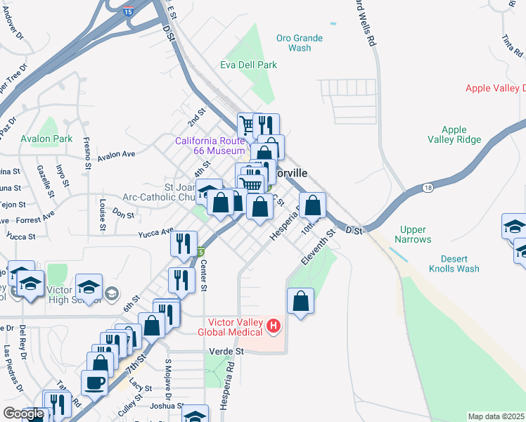 map of restaurants, bars, coffee shops, grocery stores, and more near 16924 B Street in Victorville