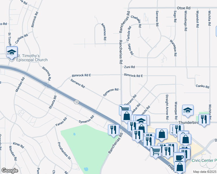map of restaurants, bars, coffee shops, grocery stores, and more near 20020 Symeron Road in Apple Valley
