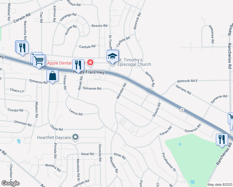 map of restaurants, bars, coffee shops, grocery stores, and more near 19375 Symeron Road in Apple Valley
