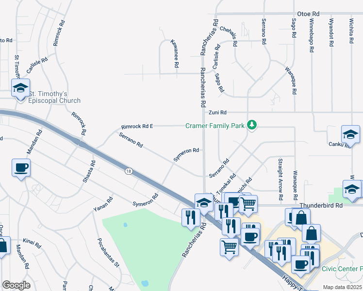 map of restaurants, bars, coffee shops, grocery stores, and more near 20020 Symeron Road in Apple Valley