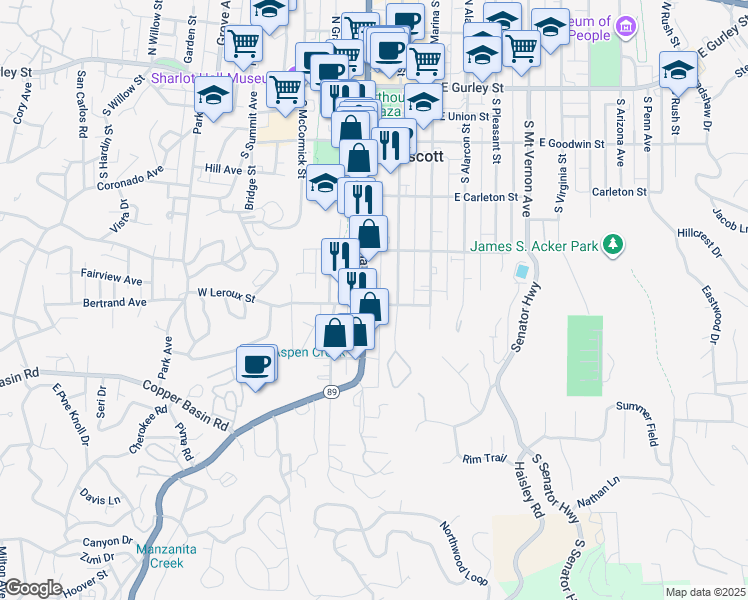 map of restaurants, bars, coffee shops, grocery stores, and more near 435 South Montezuma Street in Prescott