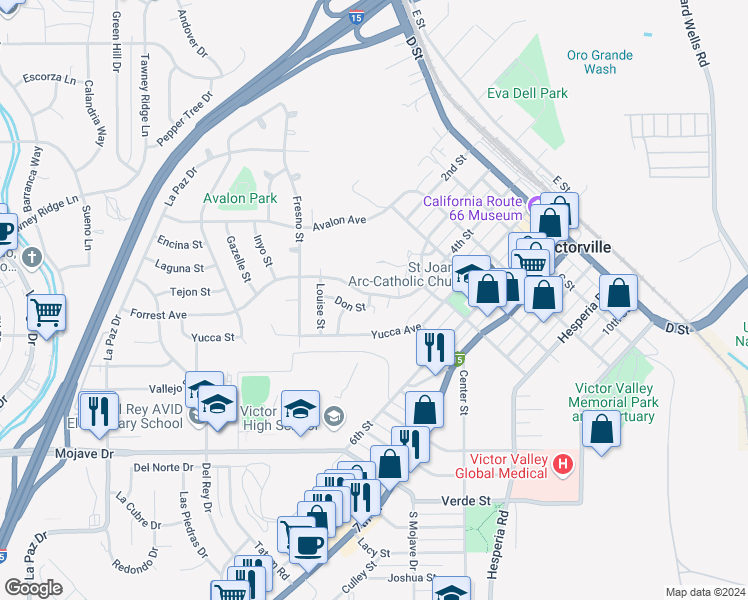 map of restaurants, bars, coffee shops, grocery stores, and more near 16691 Forrest Avenue in Victorville