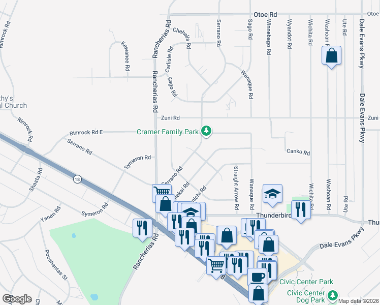 map of restaurants, bars, coffee shops, grocery stores, and more near Serrano Road in Apple Valley