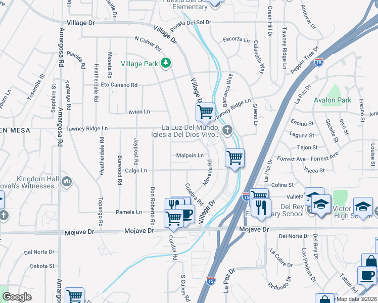 map of restaurants, bars, coffee shops, grocery stores, and more near 15802 Malpais Lane in Victorville