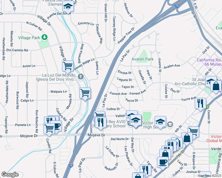 map of restaurants, bars, coffee shops, grocery stores, and more near 15607 La Paz Drive in Victorville