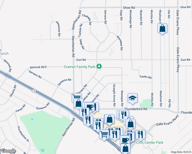 map of restaurants, bars, coffee shops, grocery stores, and more near 20245 Serrano Road in Apple Valley