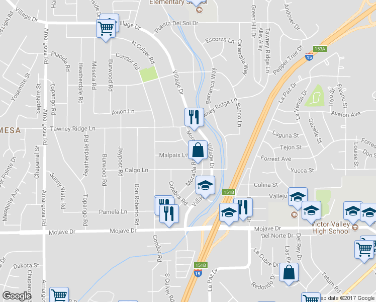 map of restaurants, bars, coffee shops, grocery stores, and more near 15862 Malpais Lane in Victorville