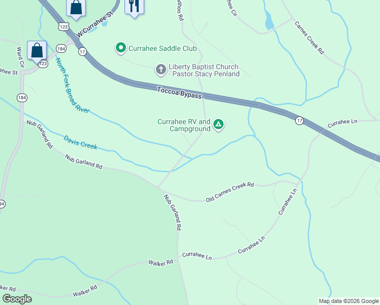 map of restaurants, bars, coffee shops, grocery stores, and more near 1108 Cawthon Road in Toccoa