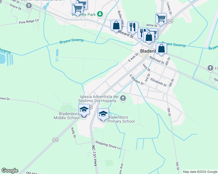 map of restaurants, bars, coffee shops, grocery stores, and more near 509 South Main Street in Bladenboro