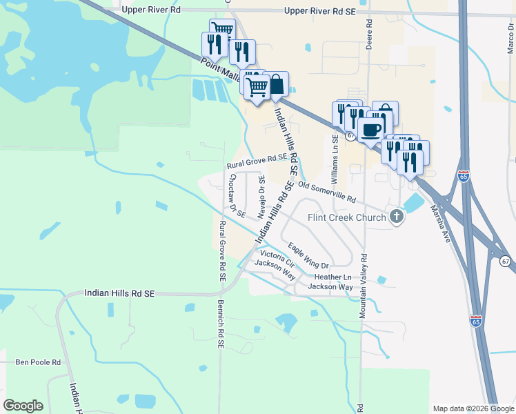 map of restaurants, bars, coffee shops, grocery stores, and more near 3123 Navajo Drive Southeast in Decatur