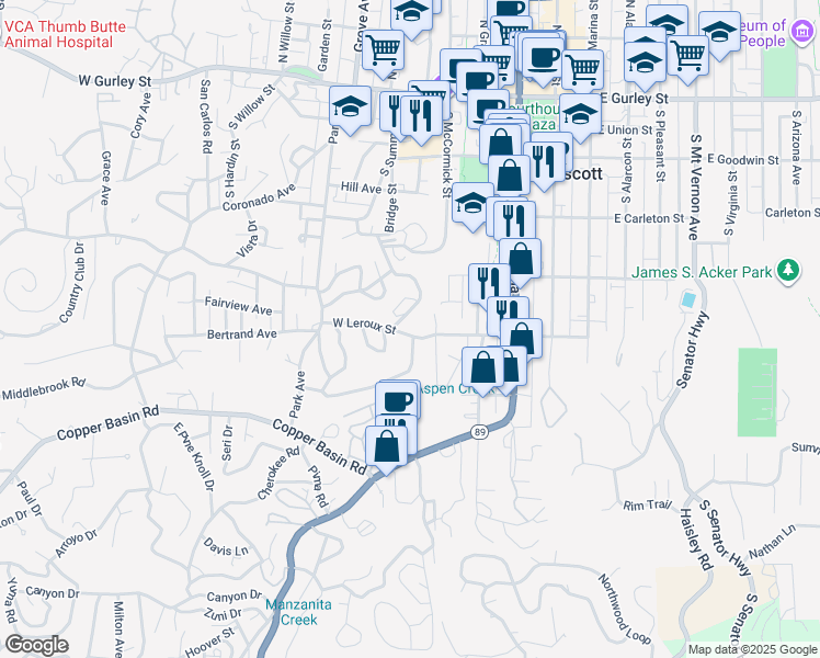 map of restaurants, bars, coffee shops, grocery stores, and more near 424 West Leroux Street in Prescott