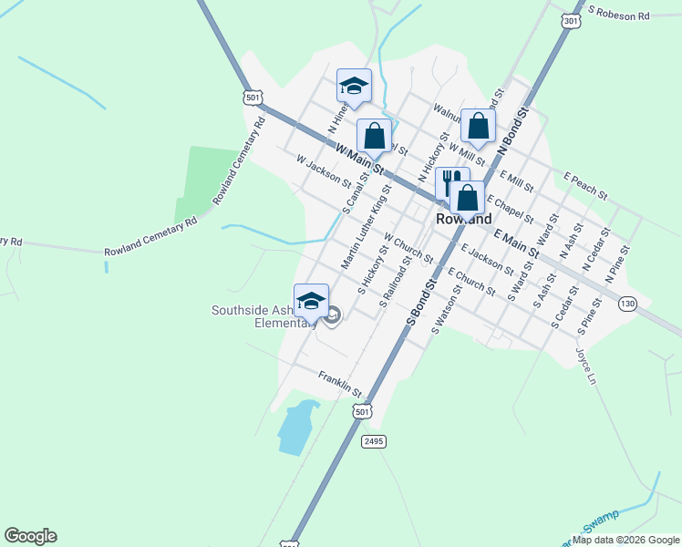 map of restaurants, bars, coffee shops, grocery stores, and more near 213 West Cherry Street in Rowland