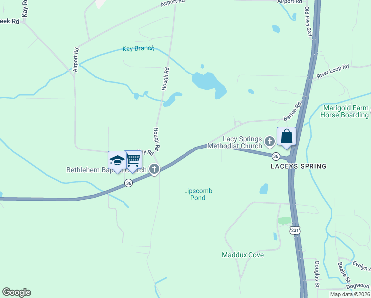 map of restaurants, bars, coffee shops, grocery stores, and more near 10205 Alabama 36 in Laceys Spring
