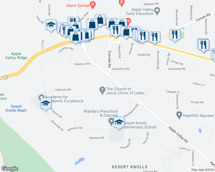 map of restaurants, bars, coffee shops, grocery stores, and more near 15585 Tuscola Road in Apple Valley