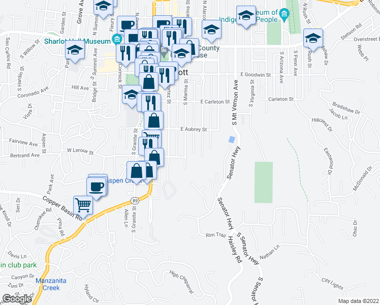 map of restaurants, bars, coffee shops, grocery stores, and more near 443 South Marina Street in Prescott