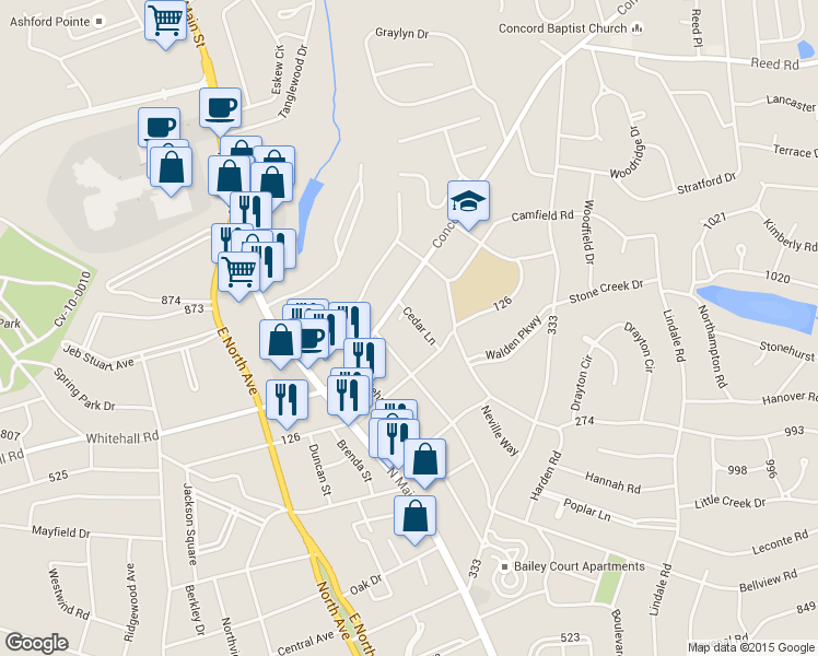 map of restaurants, bars, coffee shops, grocery stores, and more near 2711 Cedar Lane in Anderson