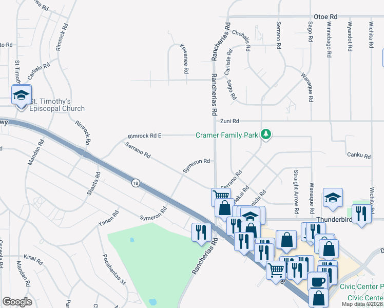 map of restaurants, bars, coffee shops, grocery stores, and more near 20020 Symeron Road in Apple Valley