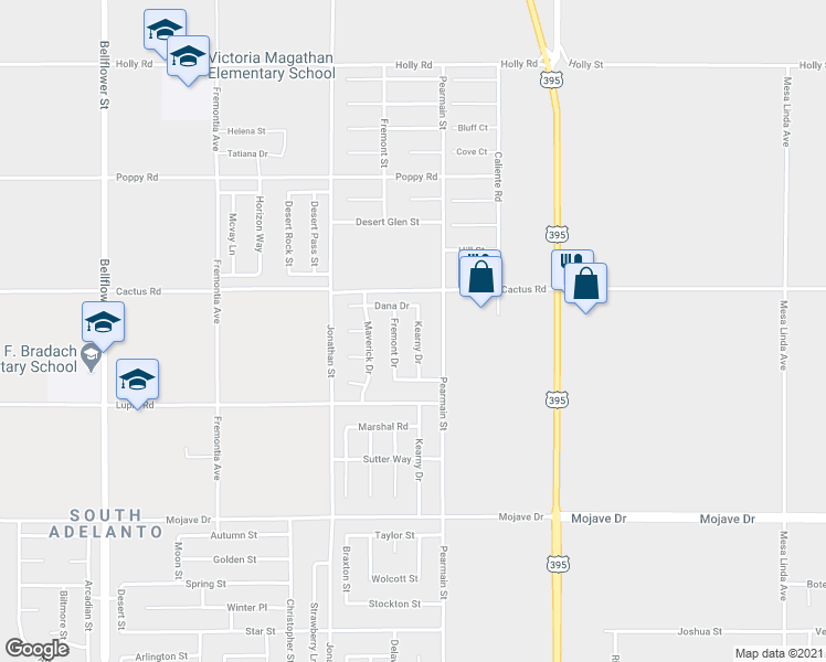 map of restaurants, bars, coffee shops, grocery stores, and more near 15634 Kearny Drive in Adelanto