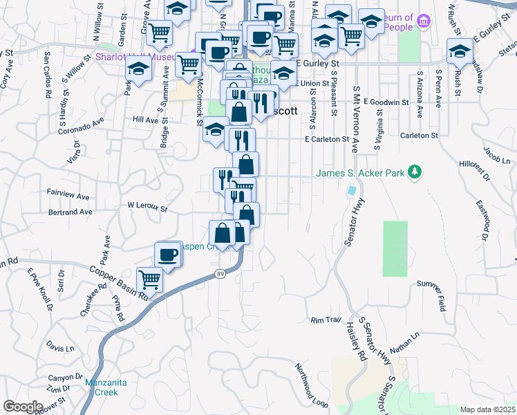 map of restaurants, bars, coffee shops, grocery stores, and more near 435 South Montezuma Street in Prescott