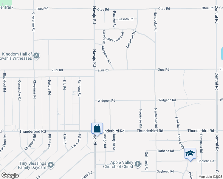 map of restaurants, bars, coffee shops, grocery stores, and more near 15525 Navajo Road in Apple Valley