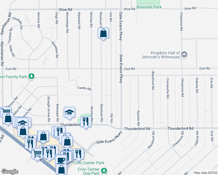 map of restaurants, bars, coffee shops, grocery stores, and more near 15576 Ute Road in Apple Valley