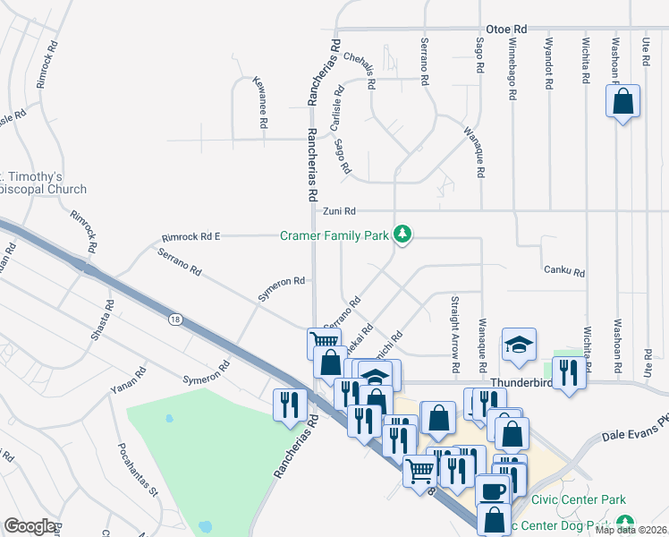 map of restaurants, bars, coffee shops, grocery stores, and more near 15575 Rancherias Road in Apple Valley