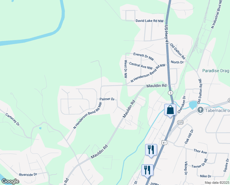map of restaurants, bars, coffee shops, grocery stores, and more near 120 Vickery Lane in Calhoun