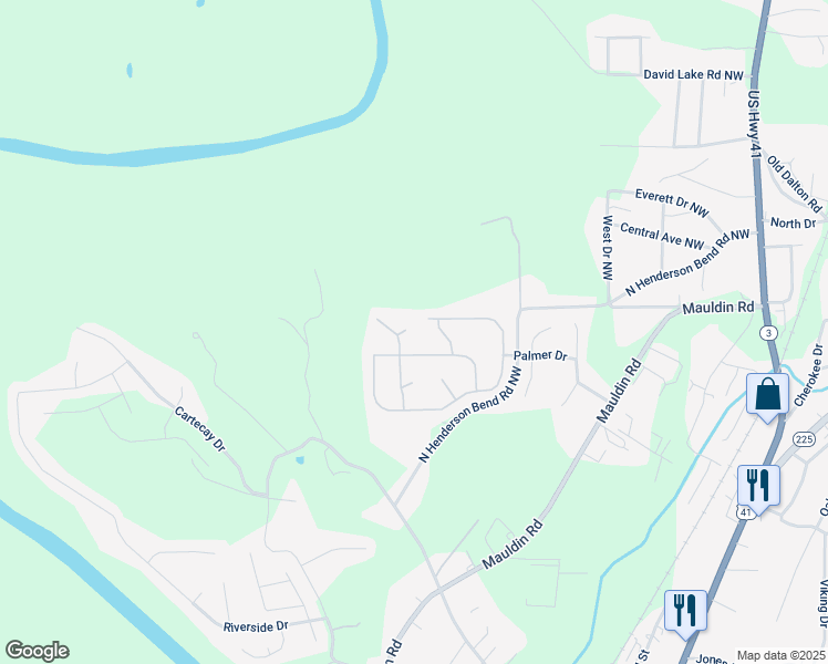 map of restaurants, bars, coffee shops, grocery stores, and more near 105 McEntyre Court in Calhoun