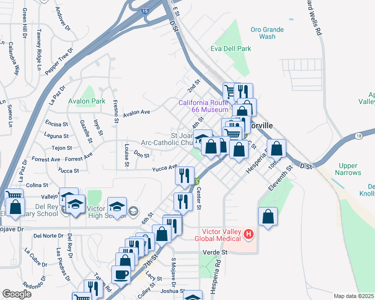 map of restaurants, bars, coffee shops, grocery stores, and more near 15454 5th Street in Victorville