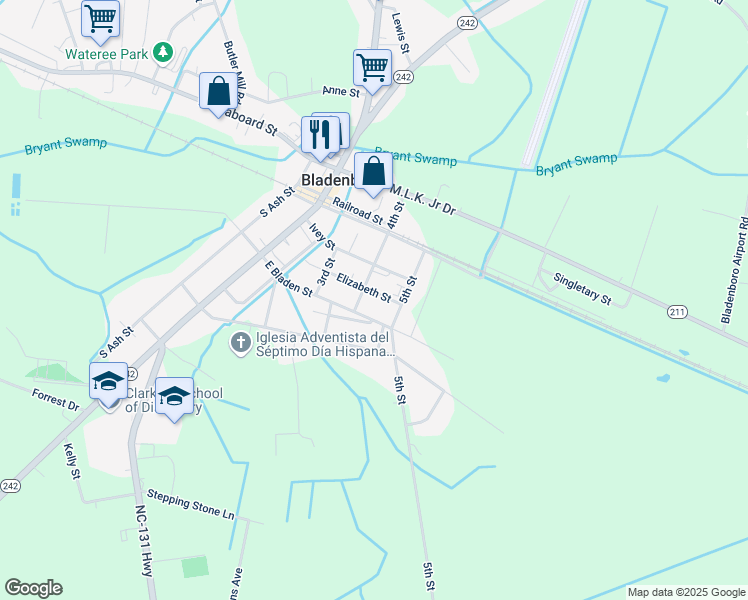map of restaurants, bars, coffee shops, grocery stores, and more near 403 Elizabeth Street in Bladenboro