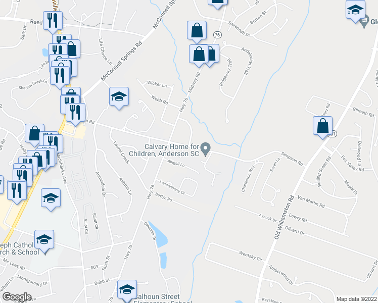 map of restaurants, bars, coffee shops, grocery stores, and more near 420 Simpson Road in Anderson