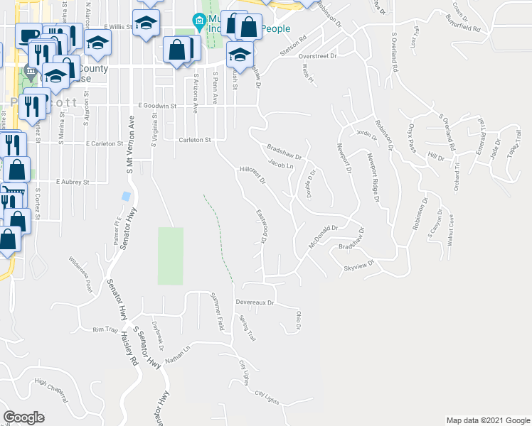 map of restaurants, bars, coffee shops, grocery stores, and more near 535 Eastwood Drive in Prescott