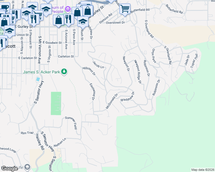 map of restaurants, bars, coffee shops, grocery stores, and more near Dirt Road in Prescott