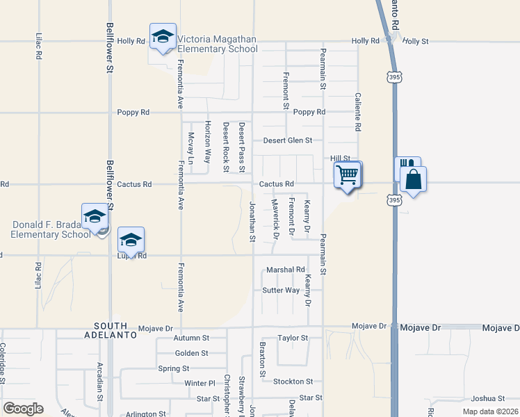 map of restaurants, bars, coffee shops, grocery stores, and more near 11724 Portola Court in Adelanto