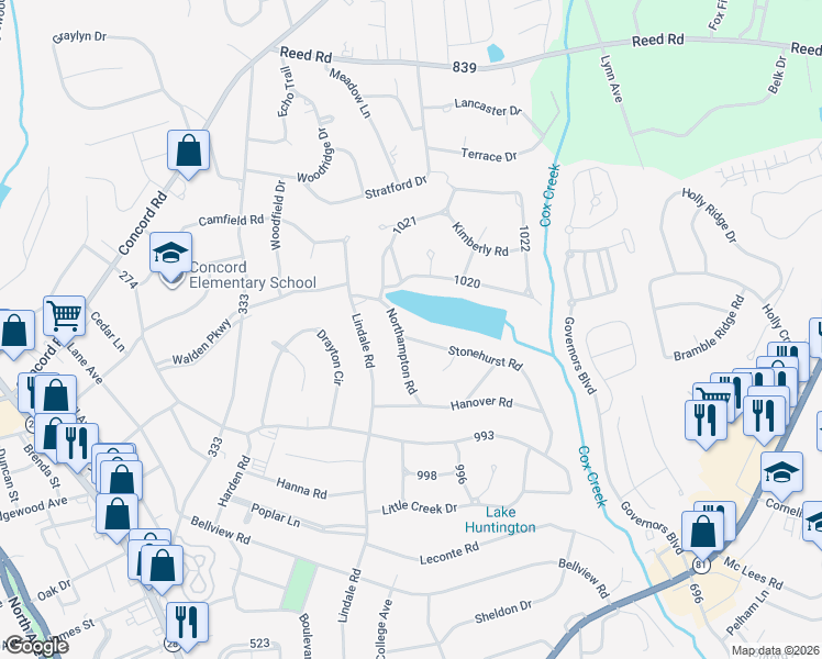 map of restaurants, bars, coffee shops, grocery stores, and more near 1201 Stonehurst Road in Anderson