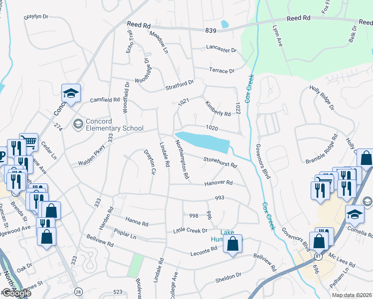 map of restaurants, bars, coffee shops, grocery stores, and more near 1201 Stonehurst Road in Anderson