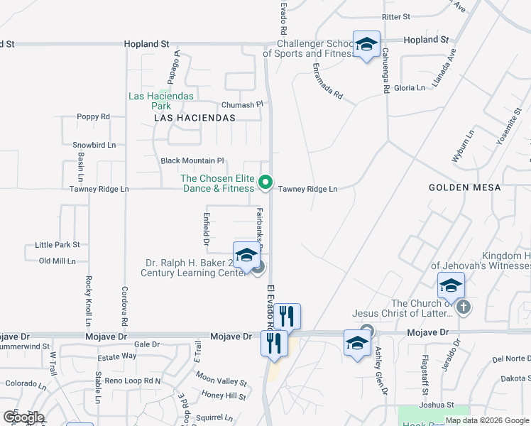 map of restaurants, bars, coffee shops, grocery stores, and more near 15456 El Evado Road in Victorville