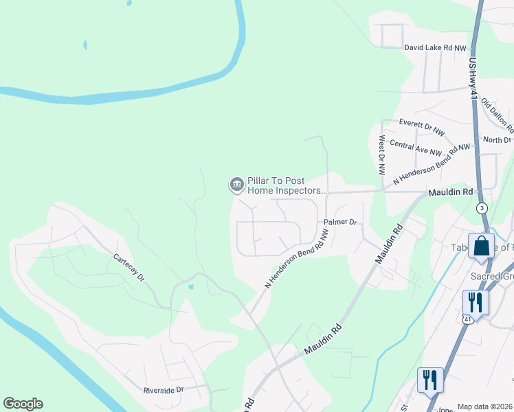 map of restaurants, bars, coffee shops, grocery stores, and more near McEntyre Court in Calhoun