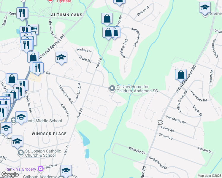 map of restaurants, bars, coffee shops, grocery stores, and more near 526 Simpson Road in Anderson