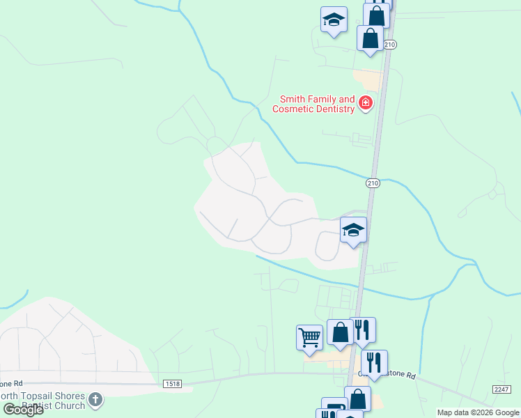 map of restaurants, bars, coffee shops, grocery stores, and more near 407 Pebble Shore Drive in Sneads Ferry