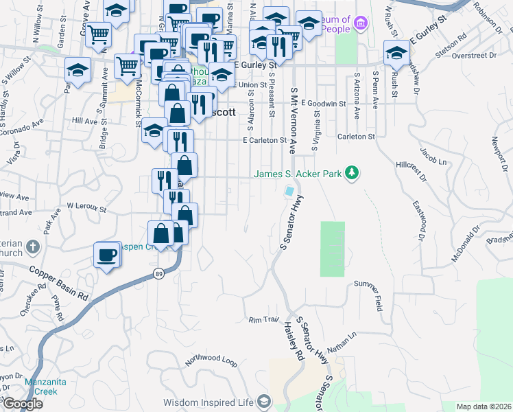 map of restaurants, bars, coffee shops, grocery stores, and more near 441 South Alarcon Street in Prescott