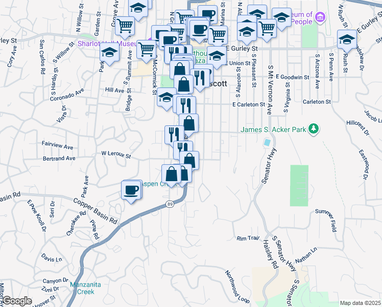 map of restaurants, bars, coffee shops, grocery stores, and more near 435 South Montezuma Street in Prescott