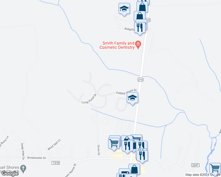 map of restaurants, bars, coffee shops, grocery stores, and more near 103 Long Pond Drive in Sneads Ferry
